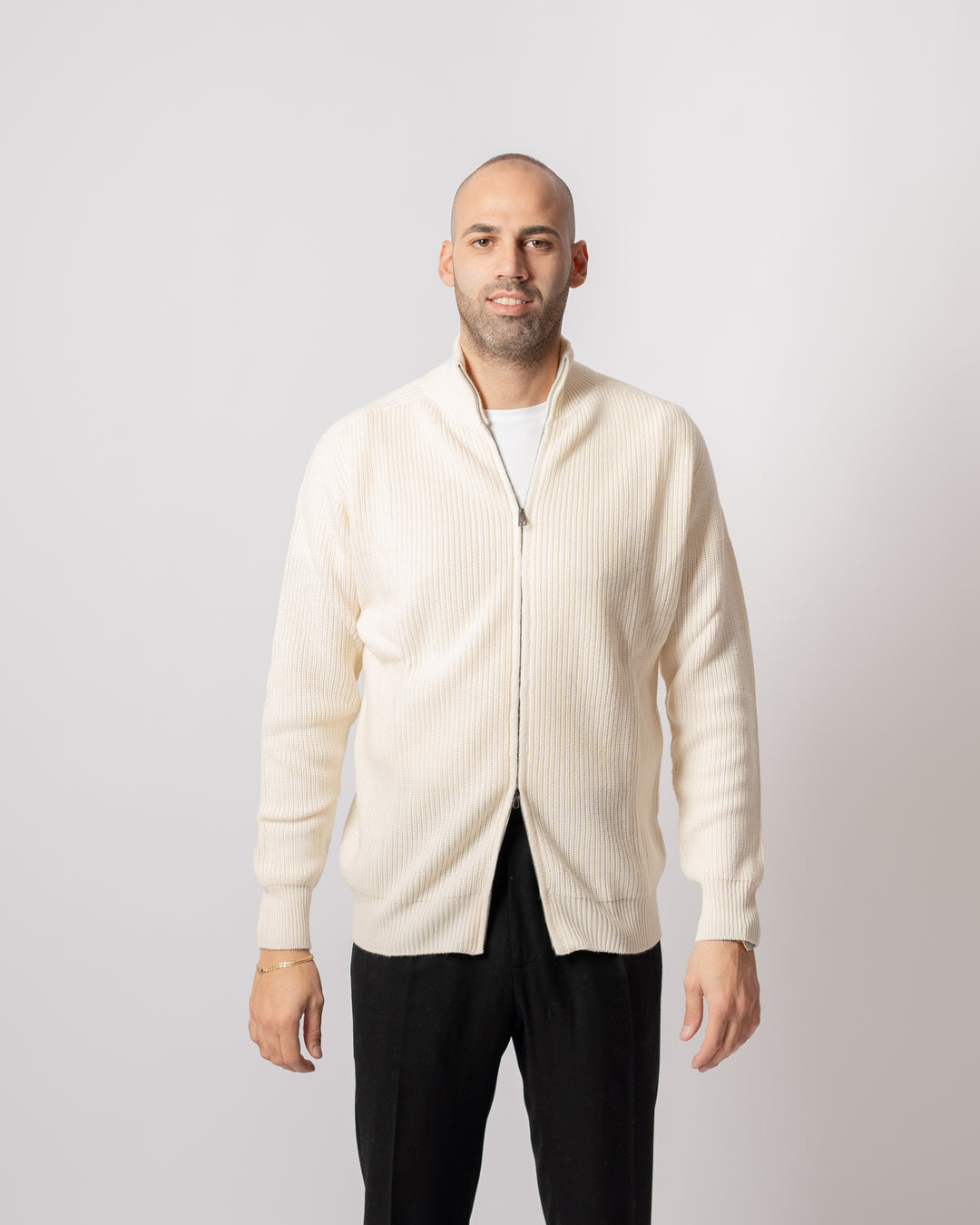Maglia coste Full zip Panna 