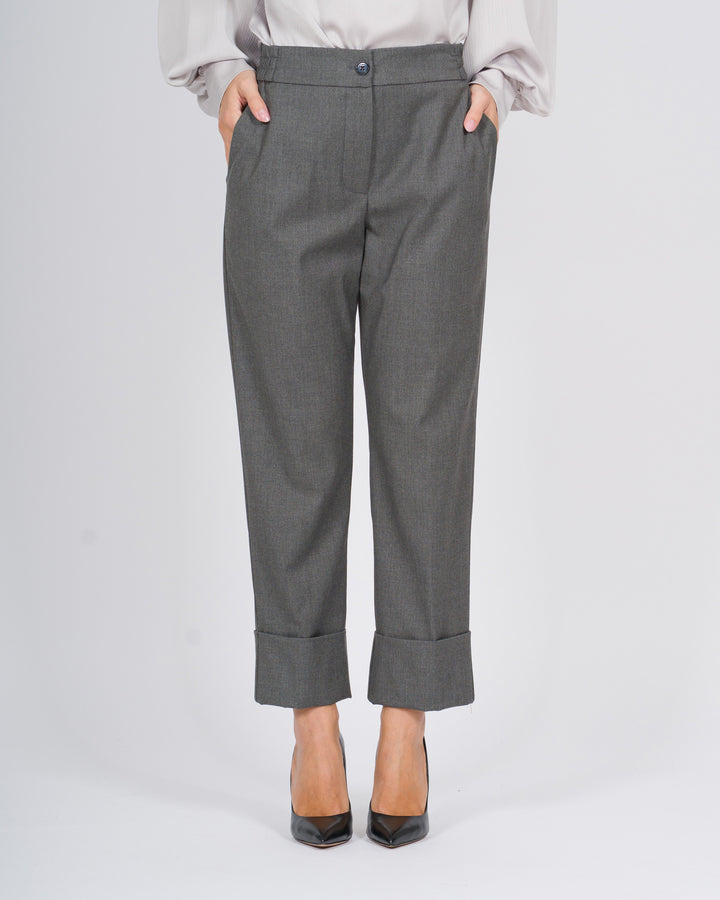 Pantaloni a vita alta con risvolto e vita elasticizzata grigio 