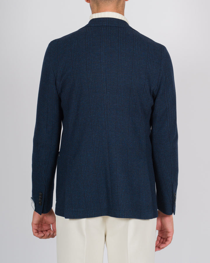 Giacca monopetto in jersey elastico a quadri blu 