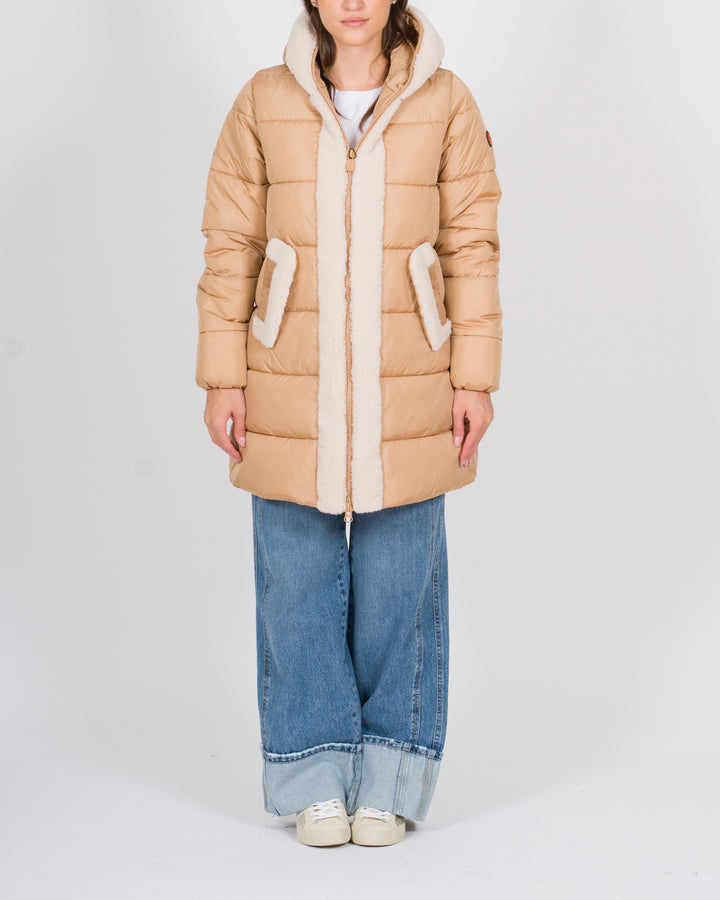 Piumino lungo con pelliccia beige 