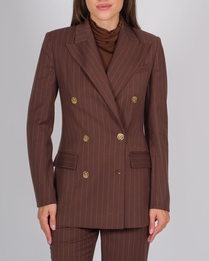Blazer doppio petto gessato marrone con bottoni in oro 