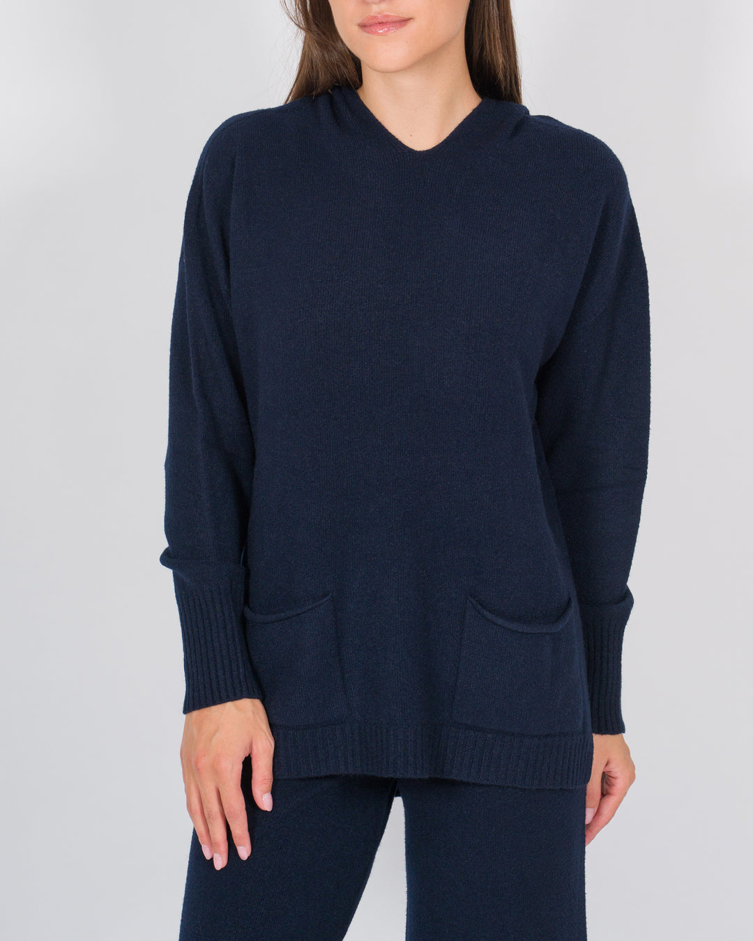 Felpa in Lana con Cappuccio e Tasche Frontali blu 