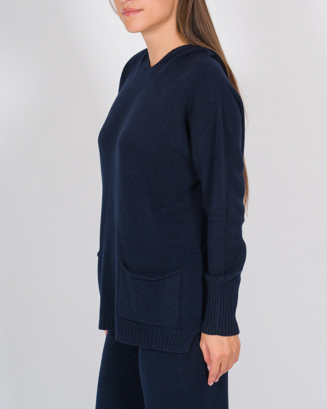 Felpa in Lana con Cappuccio e Tasche Frontali blu 