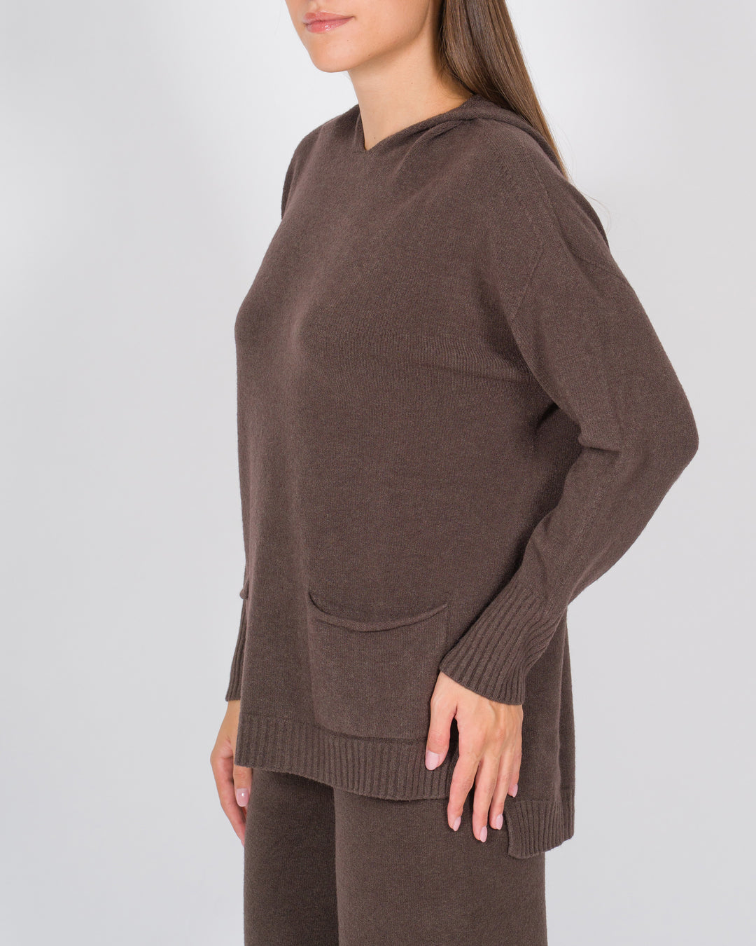 Felpa in Lana con Cappuccio e Tasche Frontali cacao 