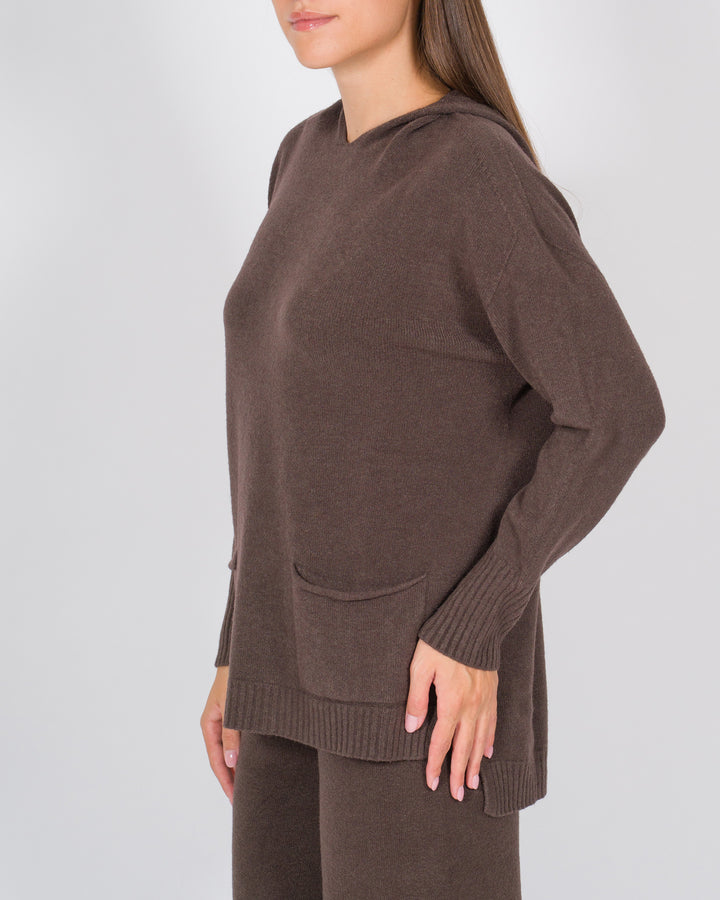 Felpa in Lana con Cappuccio e Tasche Frontali cacao 
