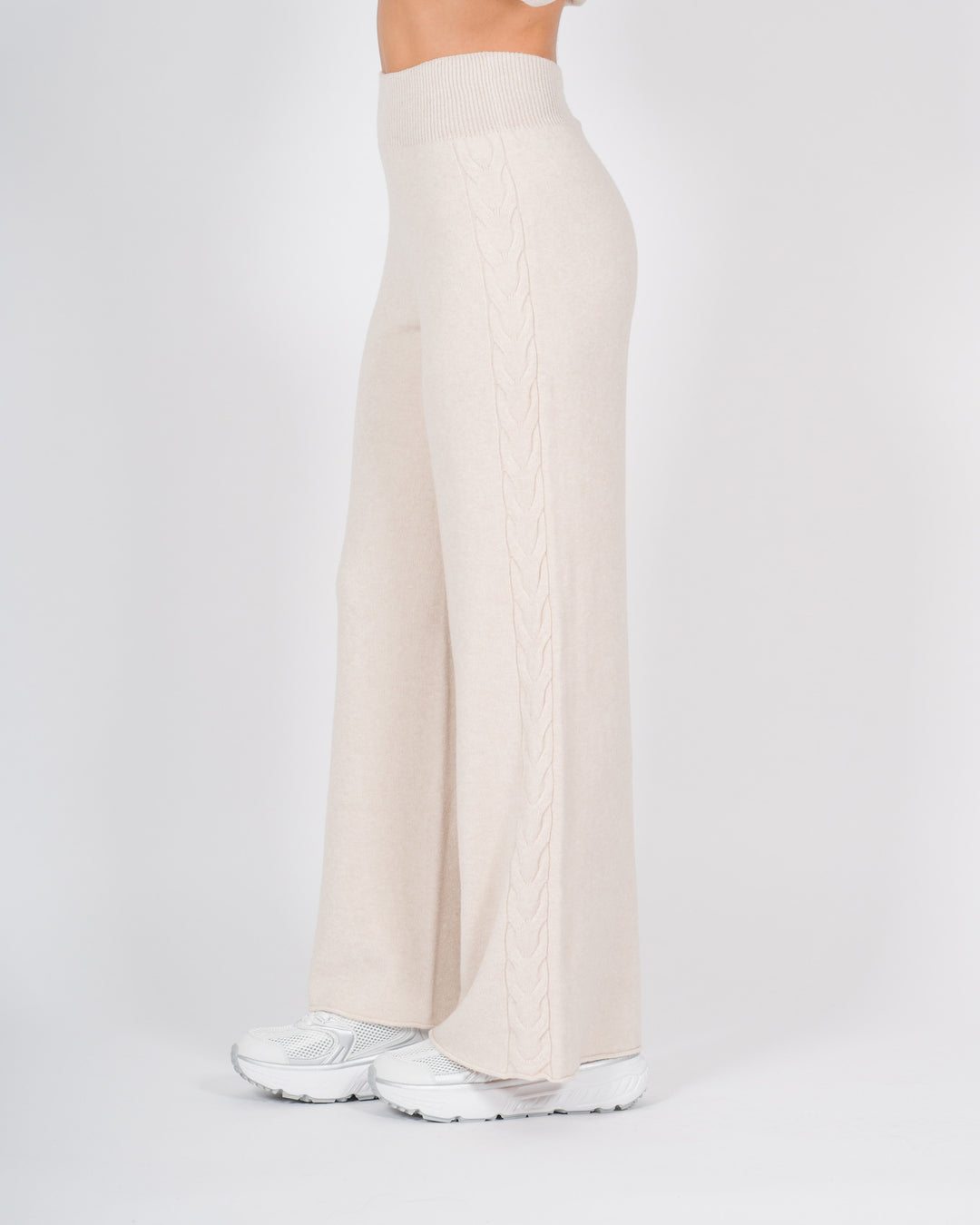 Pantaloni in lana con treccia laterale beige 