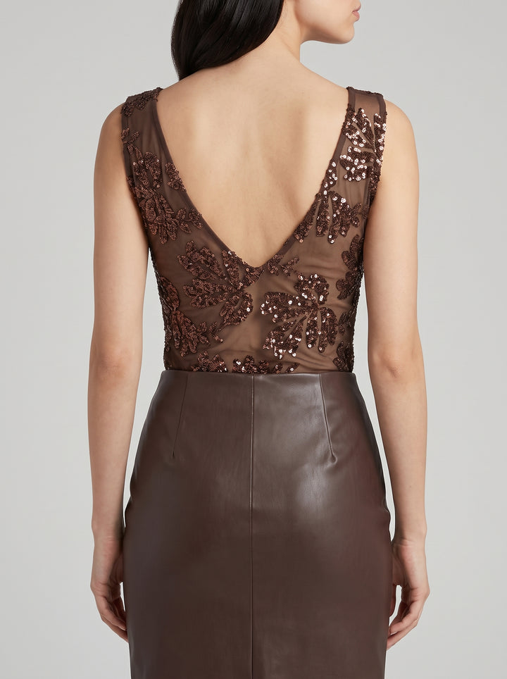 Top  in garza r cioccolato con ricami  di paillettes 