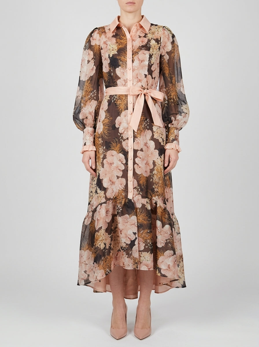 Abito Chemisier  Nero in Chiffon con Fantasia Floreale Rosa 