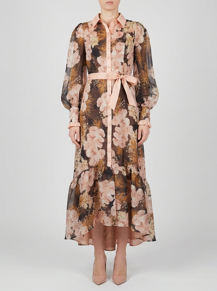 Abito Chemisier  Nero in Chiffon con Fantasia Floreale Rosa 