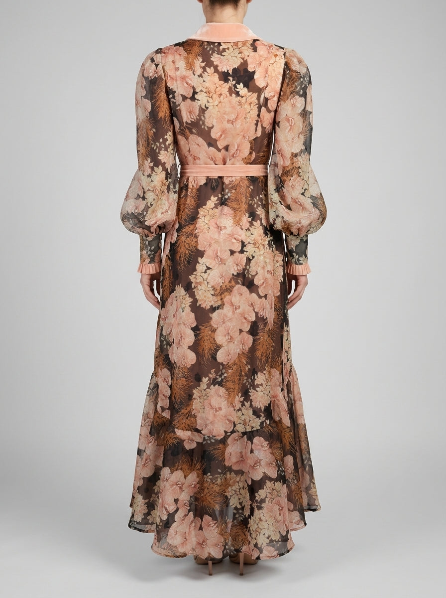 Abito Chemisier  Nero in Chiffon con Fantasia Floreale Rosa 