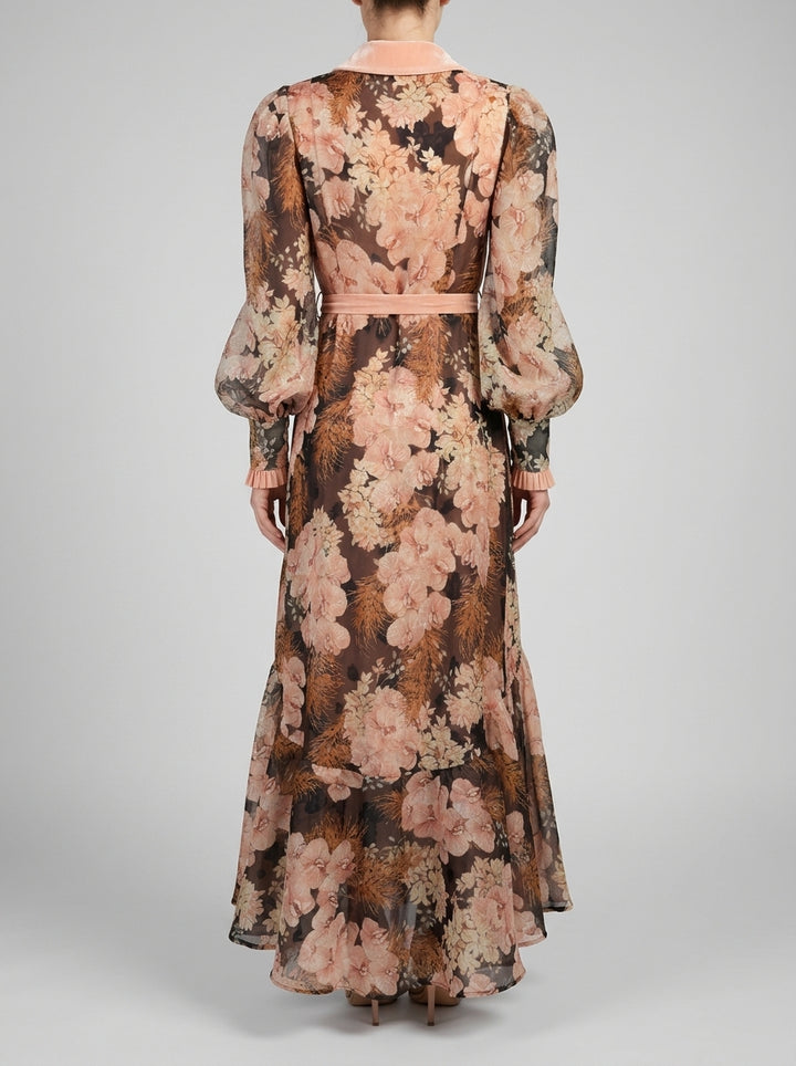 Abito Chemisier  Nero in Chiffon con Fantasia Floreale Rosa 