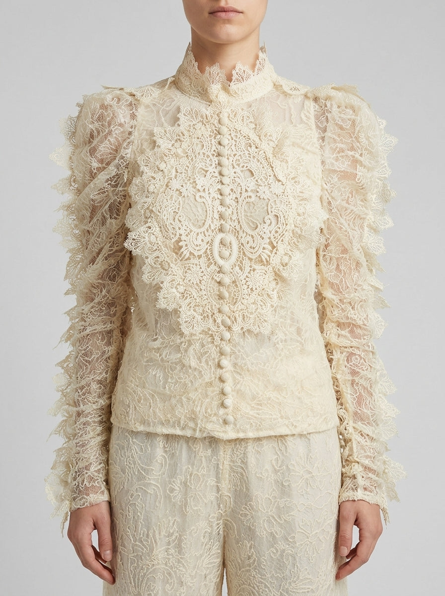Blusa  Panna in Macramè con Collo a Pistagna e Bottoncini Foderati 