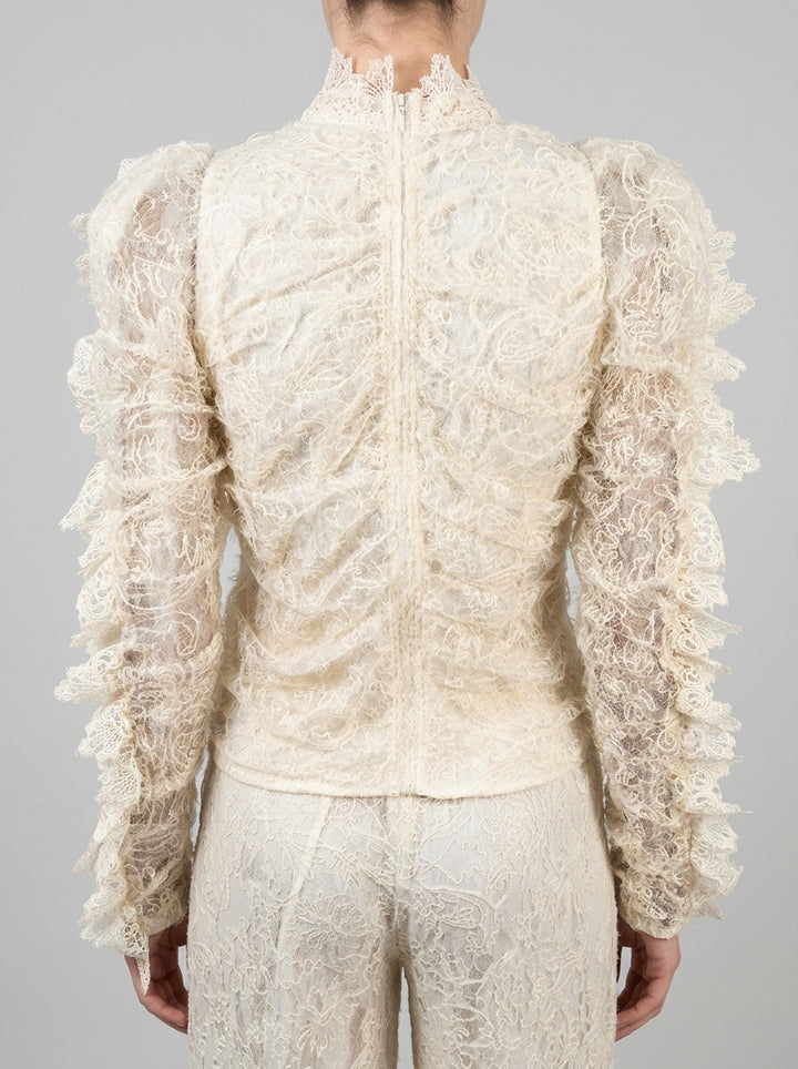 Blusa  Panna in Macramè con Collo a Pistagna e Bottoncini Foderati 