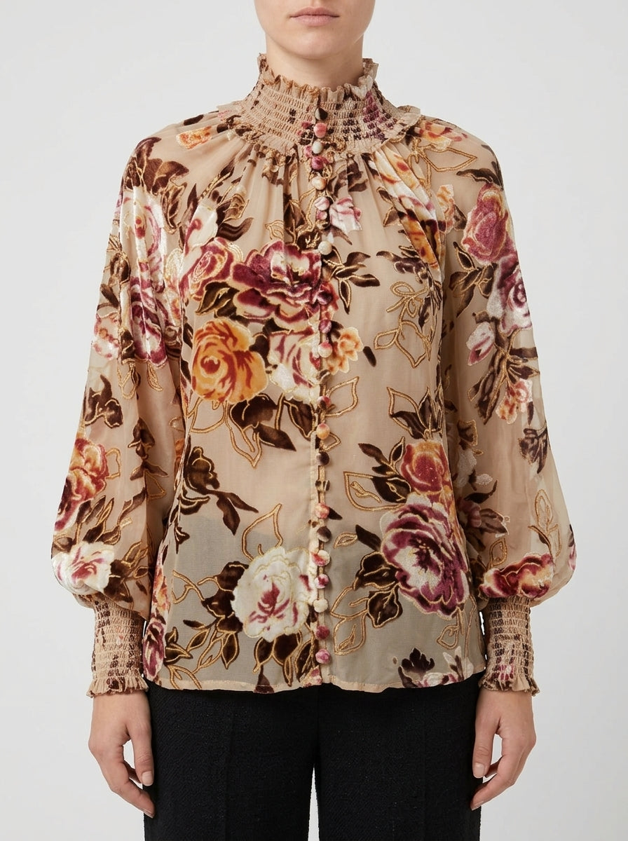 Blusa in chiffon beige con stampa damascata in velluto 