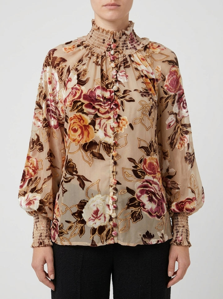Blusa in chiffon beige con stampa damascata in velluto 