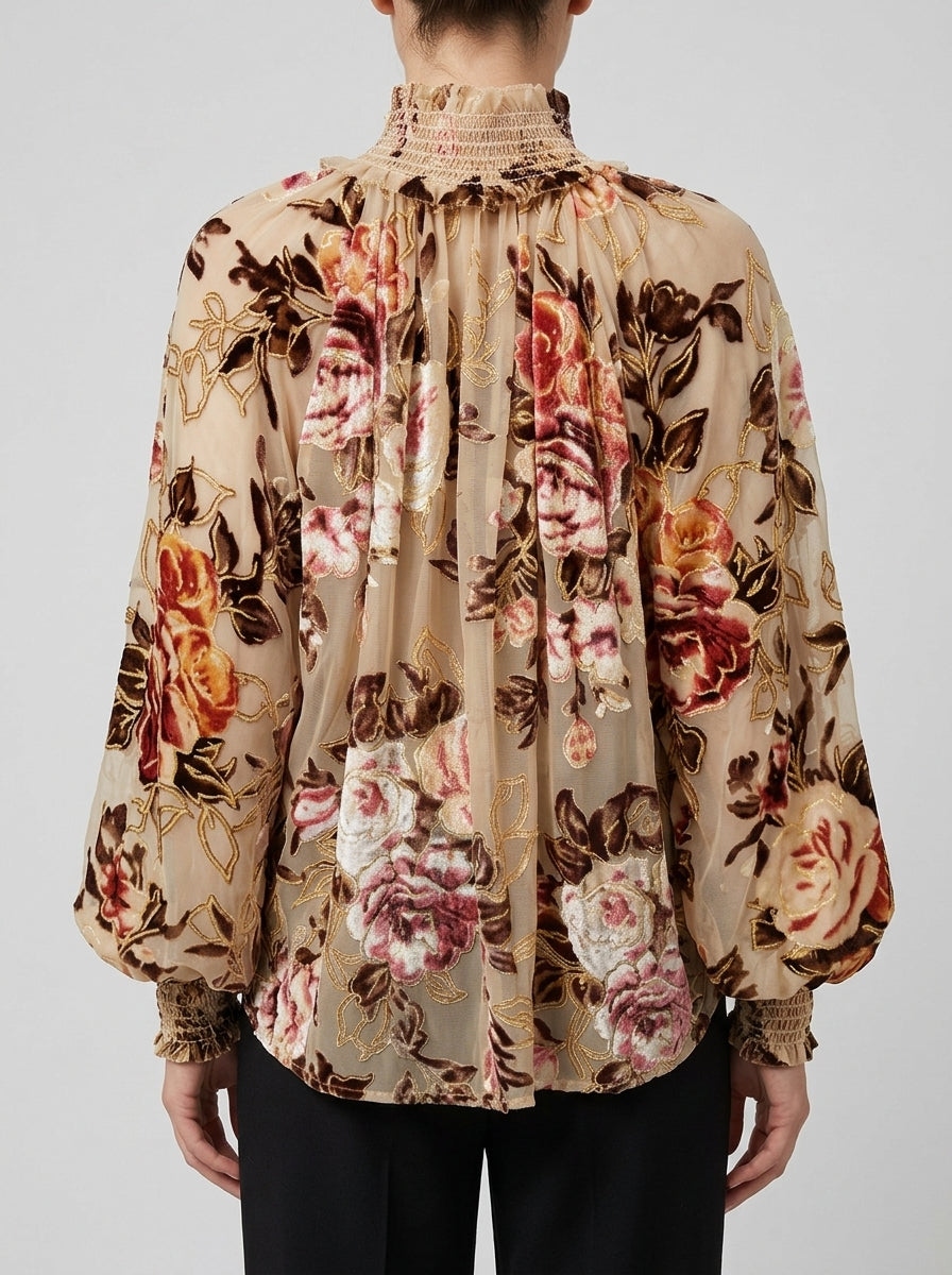 Blusa in chiffon beige con stampa damascata in velluto 