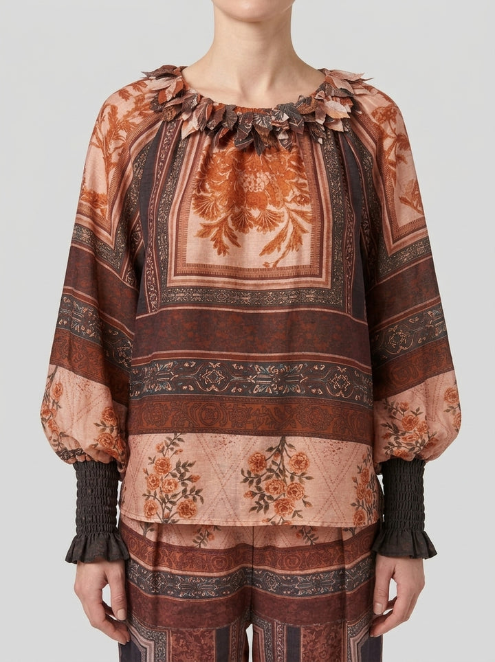 Blusa  Rosa in Chiffon con Stampa a Contrasto, Maniche a Sbuffo e Collo Alto Goffrato 