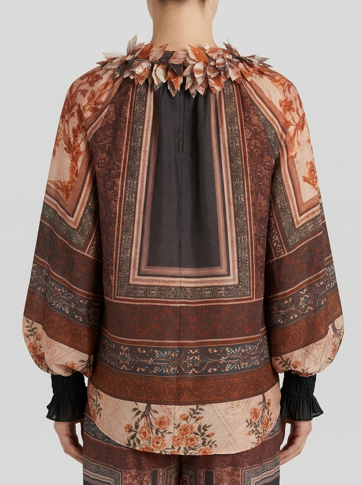 Blusa  Rosa in Chiffon con Stampa a Contrasto, Maniche a Sbuffo e Collo Alto Goffrato 