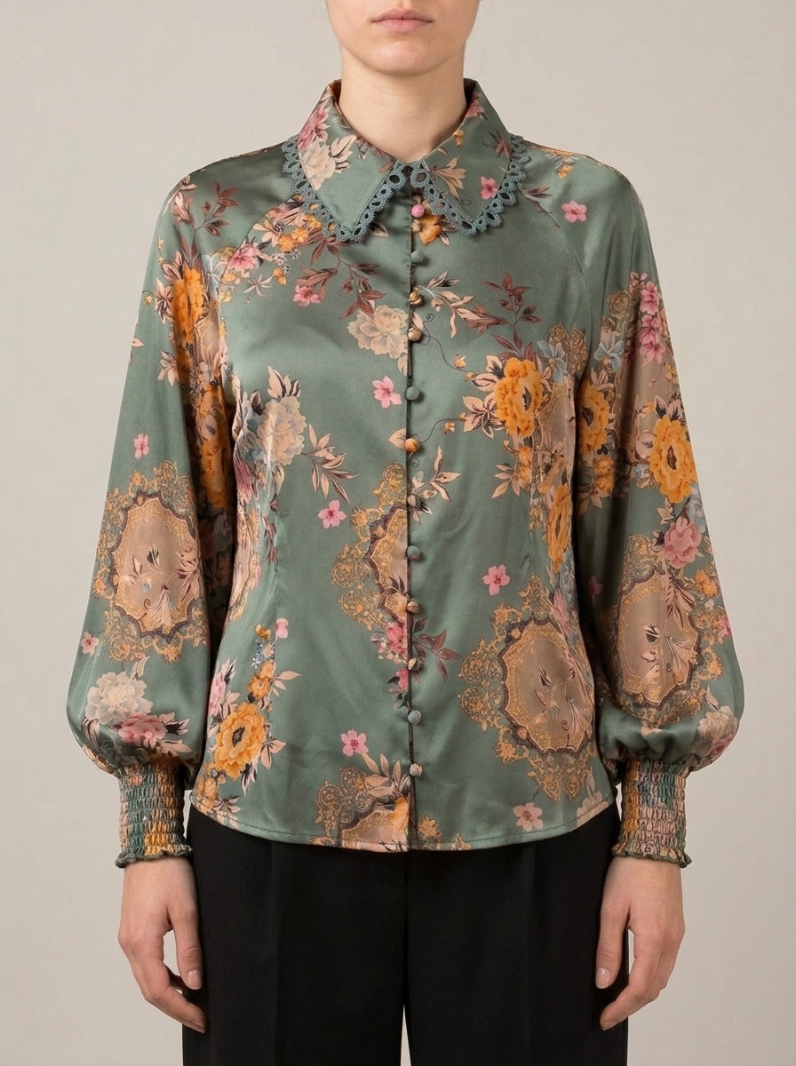 Camicia  in raso verde con stampa floreale 