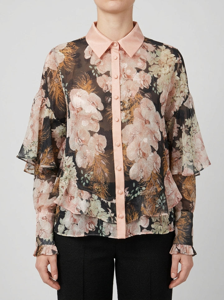 Camicia  Nera in Chiffon con Stampa Floreale Rosa 