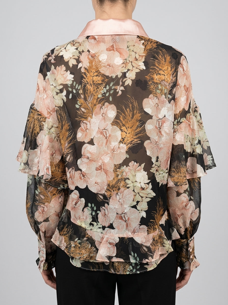 Camicia  Nera in Chiffon con Stampa Floreale Rosa 