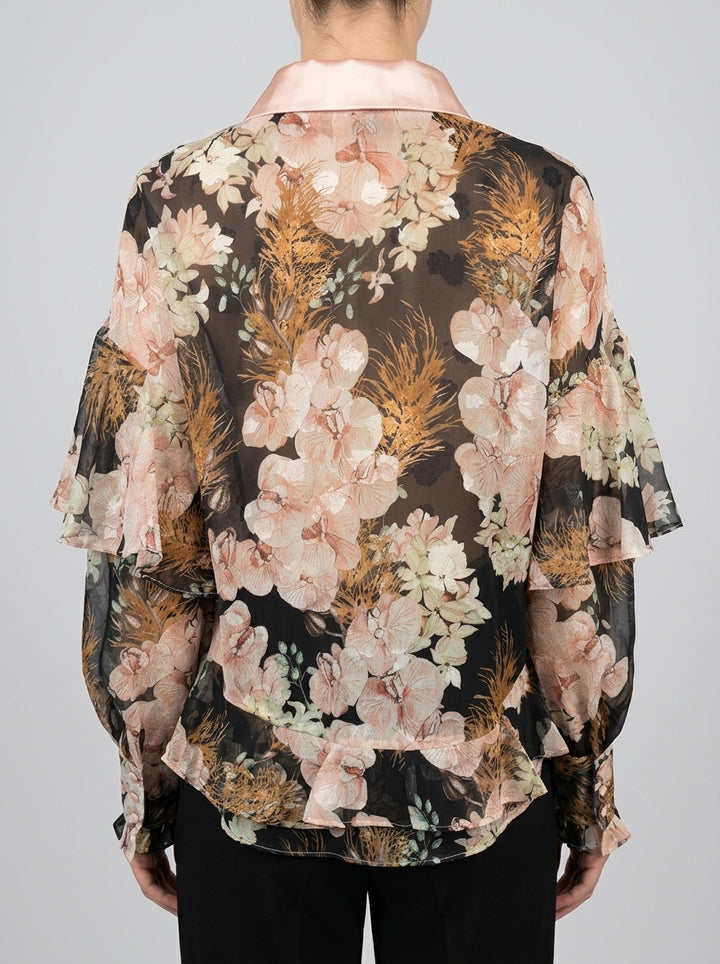 Camicia  Nera in Chiffon con Stampa Floreale Rosa 