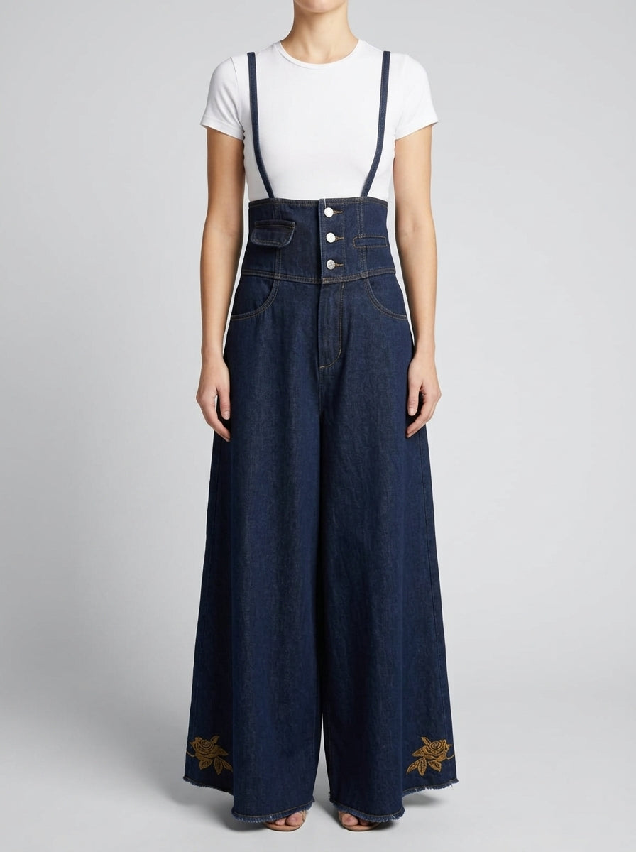 Salopette  in denim con vita  rose ricamate 