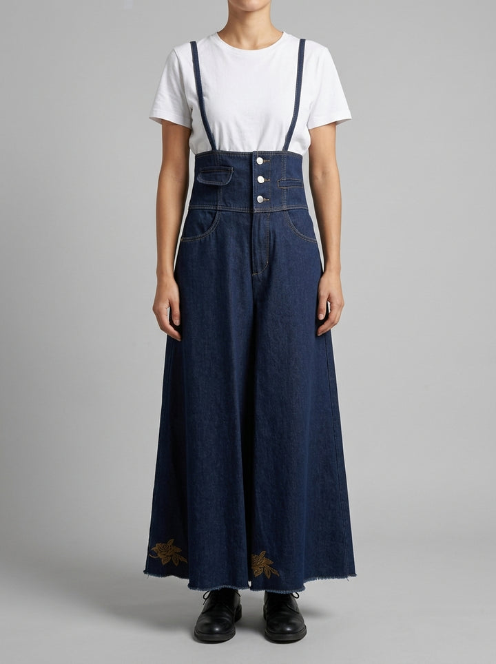 Salopette  in denim con vita  rose ricamate 