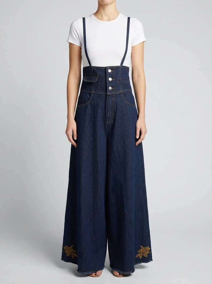 Salopette  in denim con vita  rose ricamate 