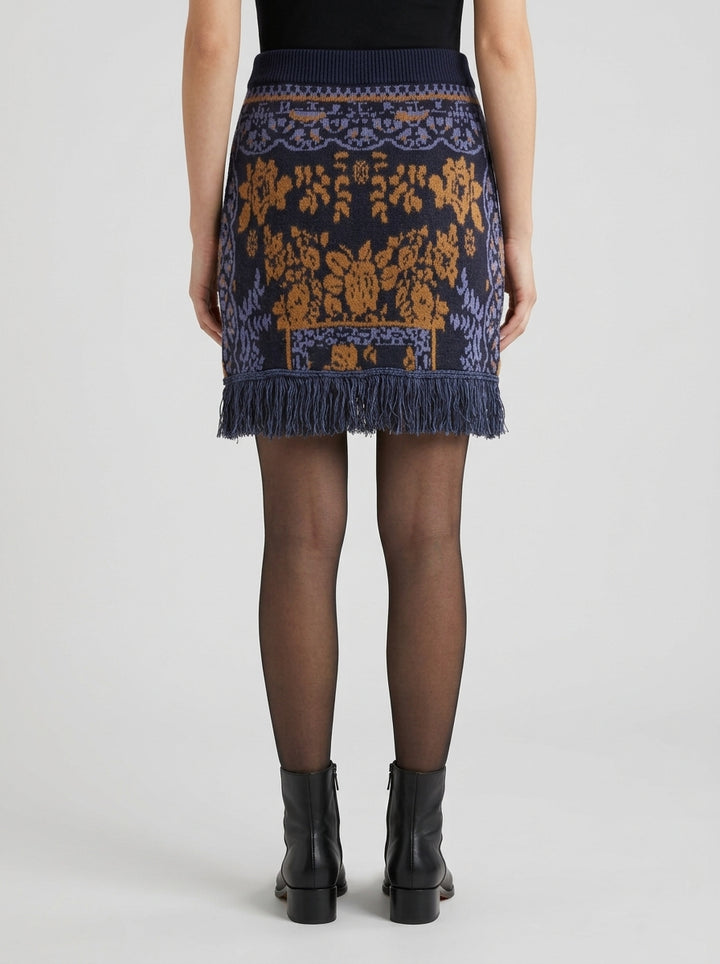 Gonna in lana blu con jacquard multicolor e frange 