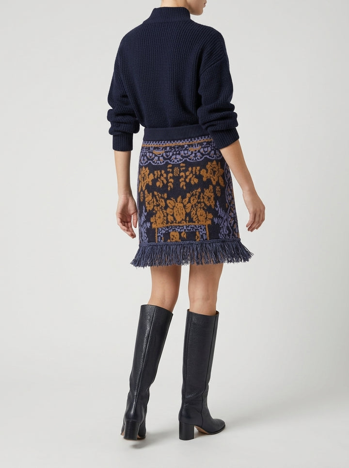 Gonna in lana blu con jacquard multicolor e frange 