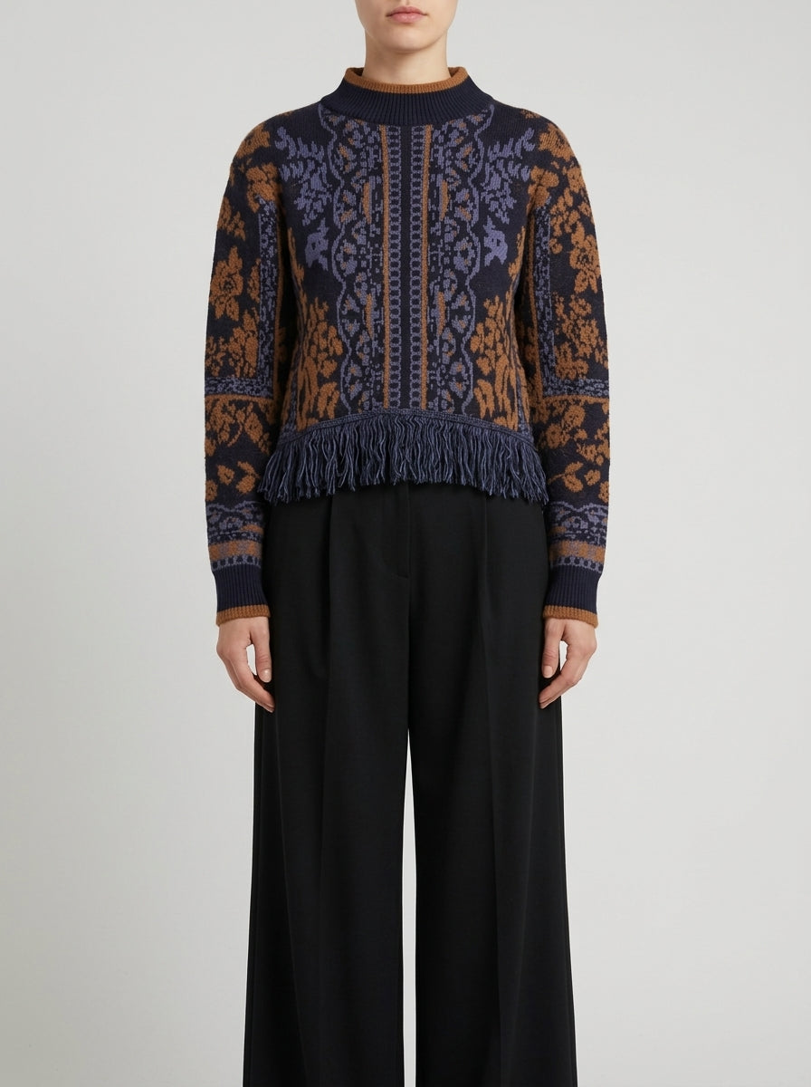 Girocollo in lana blu con intarsi jacquard e frange 