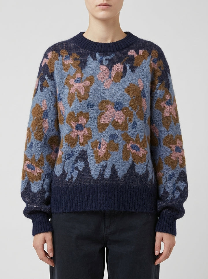 Pullover girocollo in lana blu con ricami a contrasto 