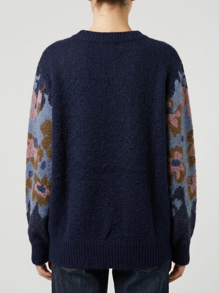 Pullover girocollo in lana blu con ricami a contrasto 