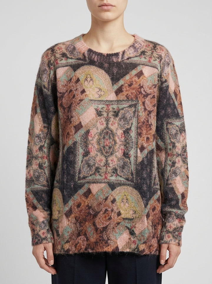 Girocollo in mohair nero con stampa geometrica multicolor 