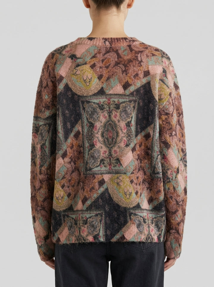 Girocollo in mohair nero con stampa geometrica multicolor 