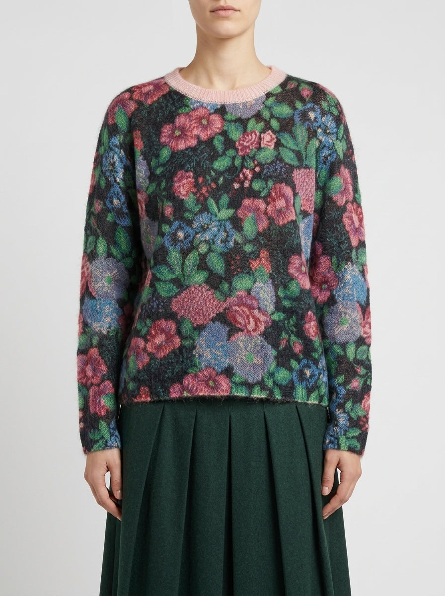 Girocollo in mohair multicolor con fantasia floreale 