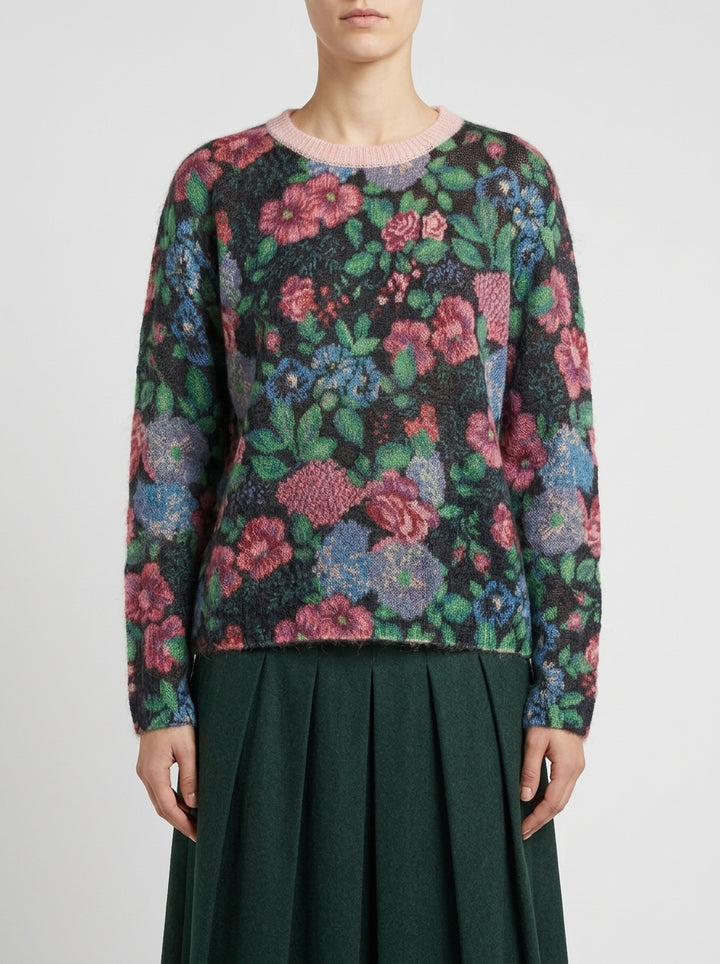 Girocollo in mohair multicolor con fantasia floreale 