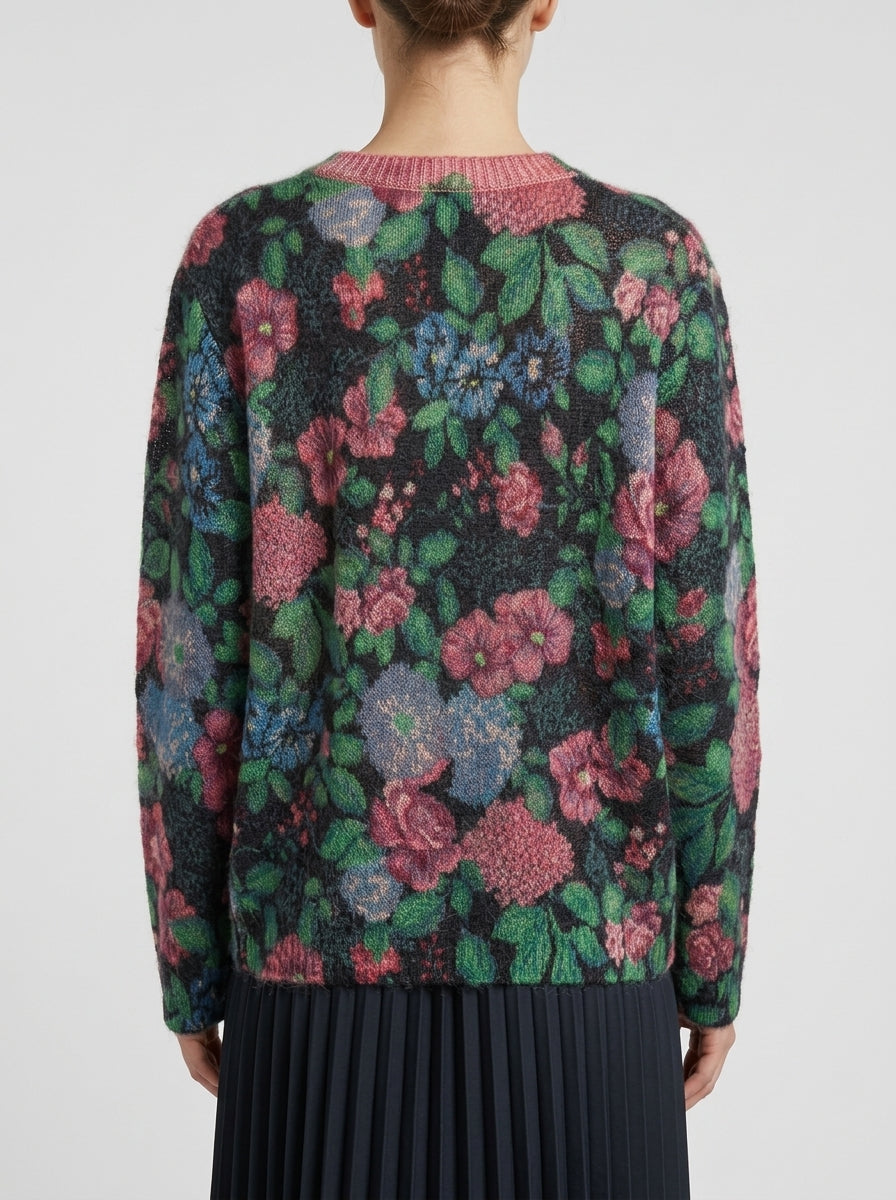 Girocollo in mohair multicolor con fantasia floreale 
