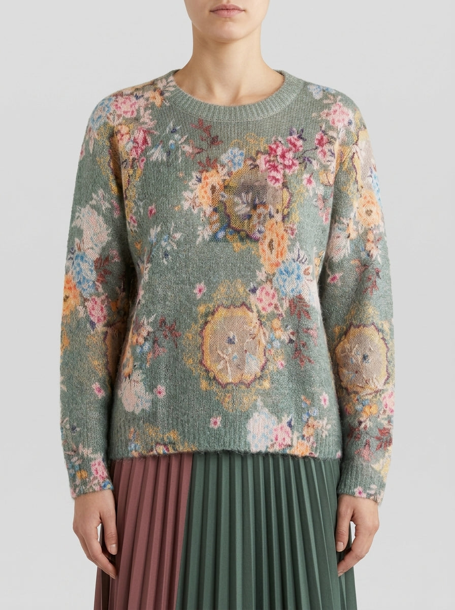 Pullover  in mohair verde con stampa rose 