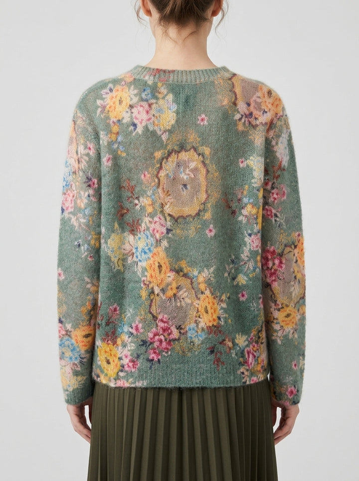 Pullover  in mohair verde con stampa rose 