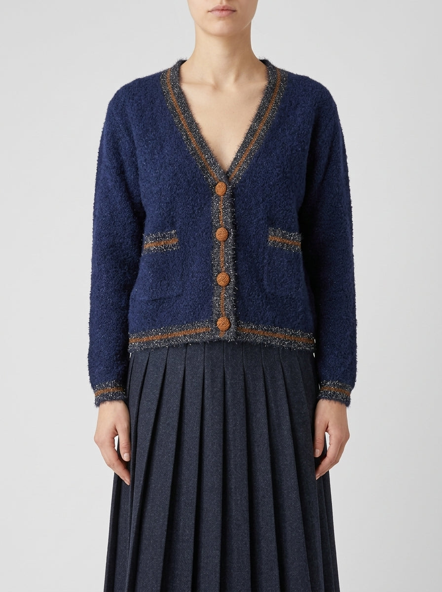 Cardigan in lana blu con bordi in lurex e bottoni arancioni 