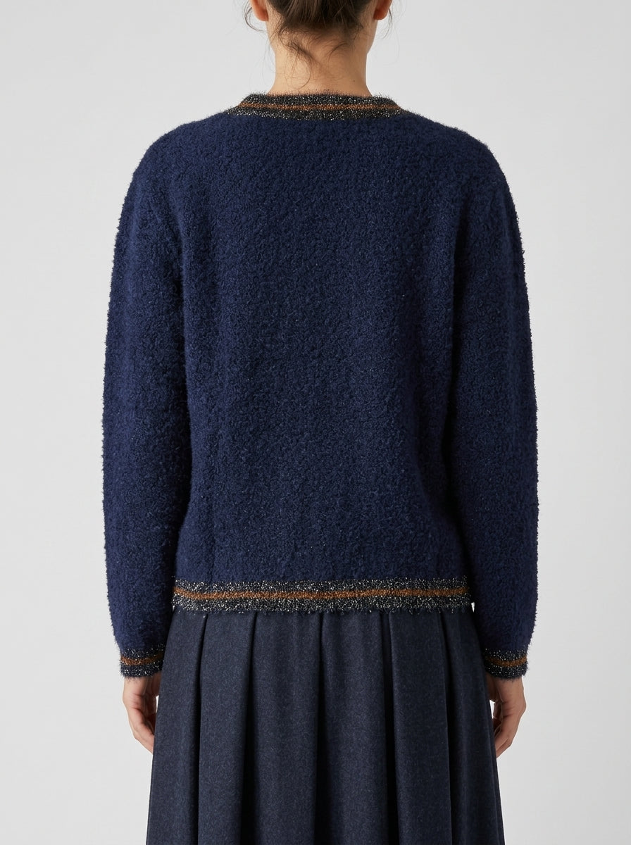 Cardigan in lana blu con bordi in lurex e bottoni arancioni 