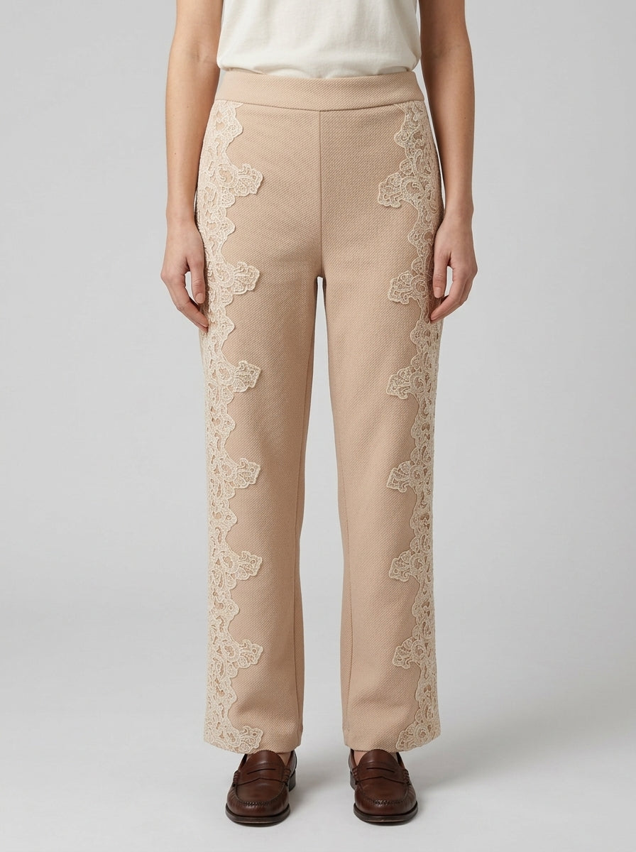 Pantalone in Felpa  Ecrù con Bande Laterali in Pizzo 