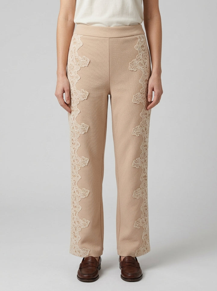 Pantalone in Felpa  Ecrù con Bande Laterali in Pizzo 