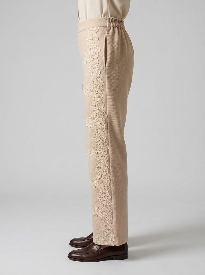 Pantalone in Felpa  Ecrù con Bande Laterali in Pizzo 