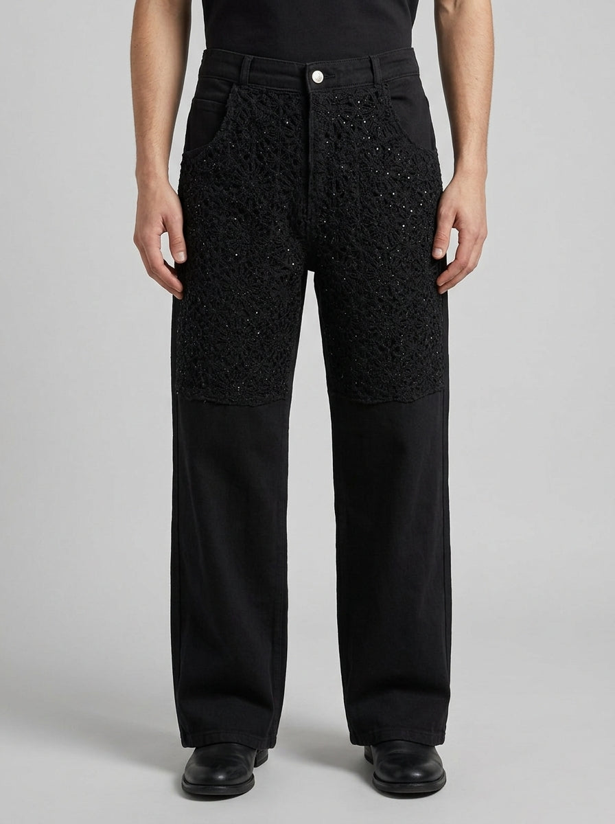 Pantalone Bull  Nero in Cotone a 5 Tasche con Pizzo Decorativo e Perline Nere 