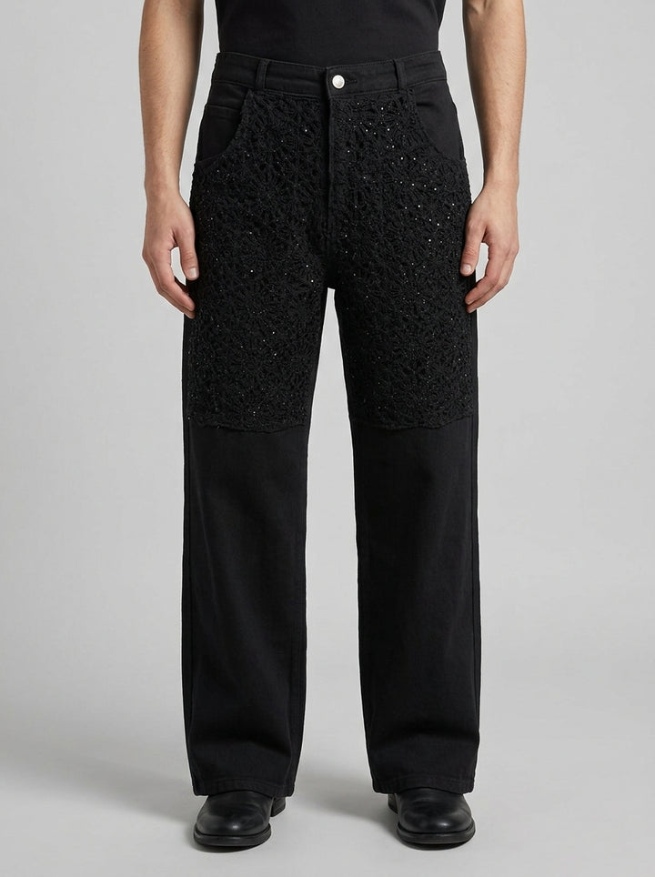Pantalone Bull  Nero in Cotone a 5 Tasche con Pizzo Decorativo e Perline Nere 