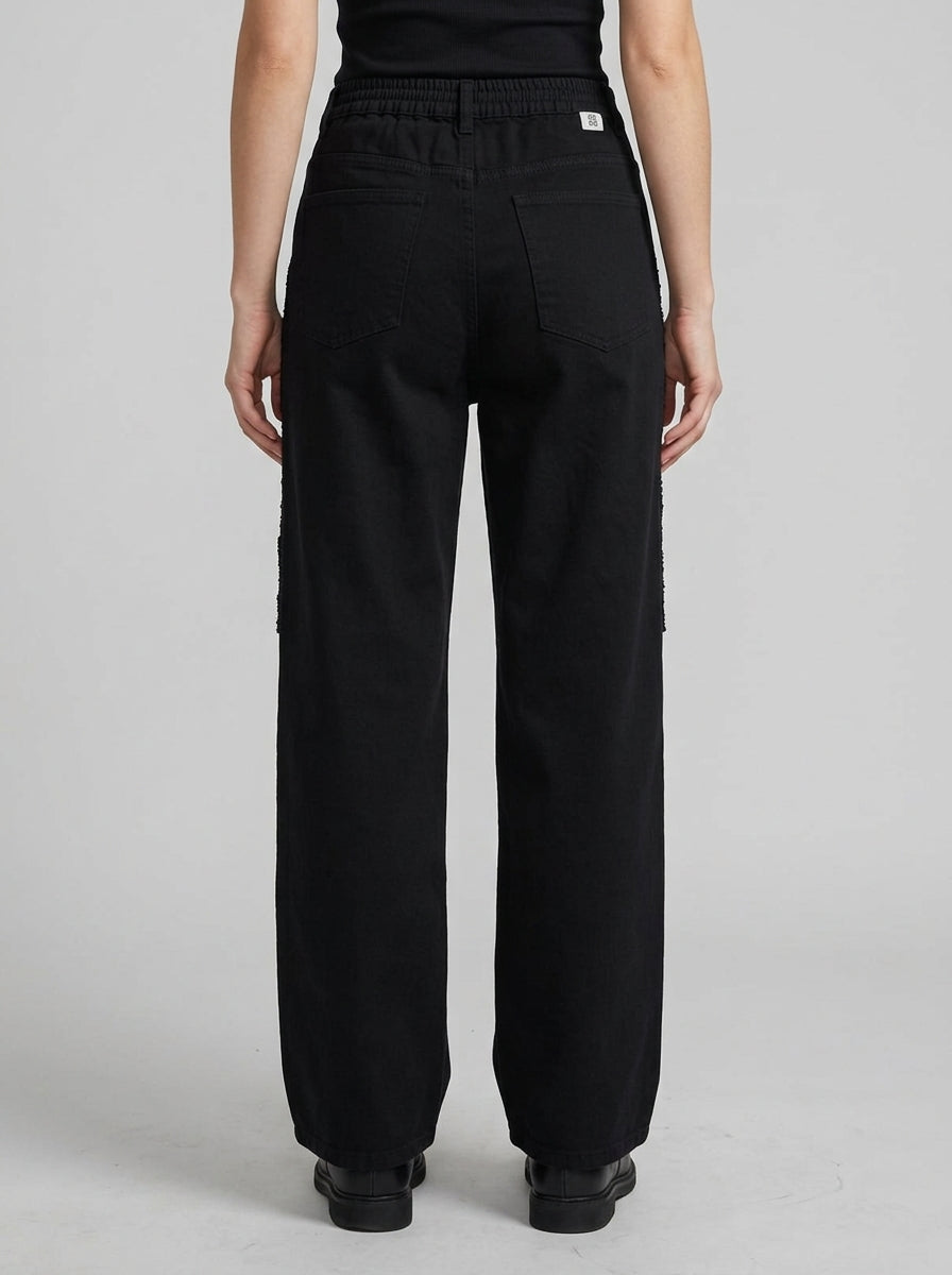 Pantalone Bull  Nero in Cotone a 5 Tasche con Pizzo Decorativo e Perline Nere 