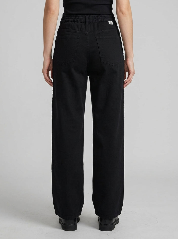 Pantalone Bull  Nero in Cotone a 5 Tasche con Pizzo Decorativo e Perline Nere 